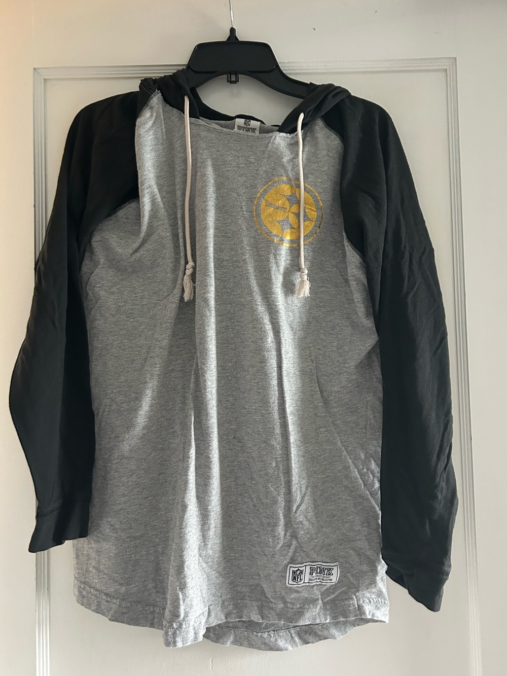 Vintage PINK NFL Womens' Gray & Black Hooded Shirt with Gold Steelers Logo